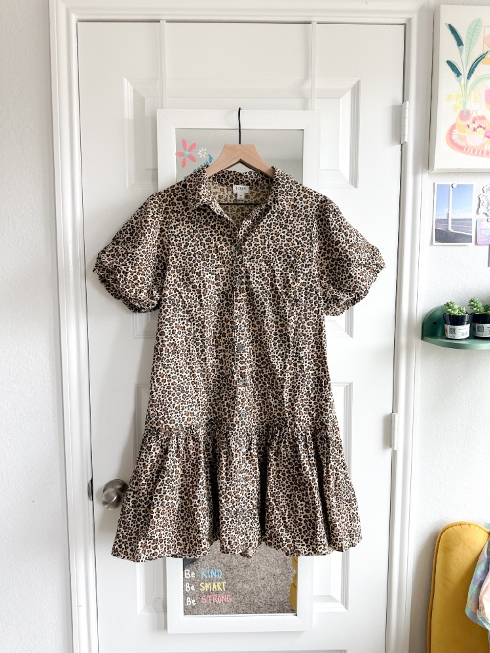 J. Crew Size 10 Leopard Animal Print Puff Sleeve Tiered Shirt Dress